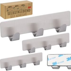 Tianyi-Crochet Adhesif Mural, Mh020-3, Barre &Agrave; Crochets Avec 3 Crochets Pour Cuisine Et Salle De Bain, Crochet Porte Manteau, Pat&egrave;re Murale, Montage Sans Percage, Lot De 3, Acier Inoxydable, Argent - Neuf