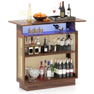 COSTWAY Table de Bar en Rotin PE Cannage 120 x 55 x 110 cm - &Eacute;clairage LED RGB - 3 Supports pour Verres &agrave; Pied et 3 &Eacute;tag&egrave;res - Neuf