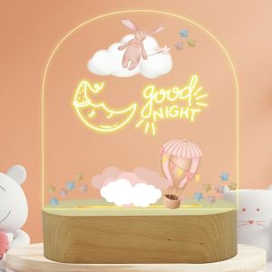 Veilleuse Lapin, Lampe De Chevet Enfant Fille, Cadeaux Pour B&eacute;b&eacute; Fille Personnalis&eacute;, Lampe Enfant Chambre Avec Base En Bois &Agrave; Led, Idee Cadeau Fille 0-9 Ans - Neuf