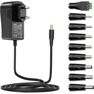 Alimentation 12V 1A, Transformateur d'adaptateur de Courant AC DC Universel avec 9 fiches DC pour 12V &eacute;lectronique, 1000mA Max - Neuf