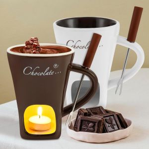 Subzonal-2 Pi&egrave;ces Tasse Fondue Chocolat, En C&eacute;ramique Mug Fondue Au Chocolat Avec Fourchette, 200ml Tasse Chauffante Pour Faire Fondre Le Chocolat,Fromage,Beurre Et Caramel,Cadeaux Du Nouvel An No&euml;l - Neuf