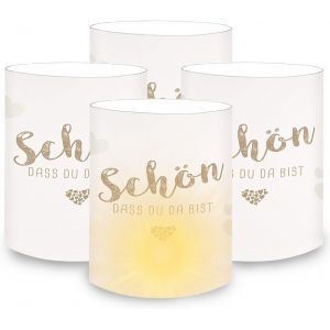 KALANKA-Lot de 10 photophores - Décoration de table - Pour communion, baptême, mariage - Bougies chauffe-plat LED (Schön dass du da bist 1) - Neuf