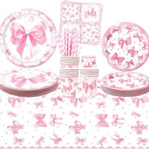 Letnerny-Décorations De Fête Avec N?Ud Rose ¿ Vaisselle De Fête ¿ Assiettes À Dessert, Assiettes, Tasses, Serviettes, Nappes, Pailles Pour Coquette Fille, Fournitures De Fête D'anniversaire, Pour 40 - Neuf