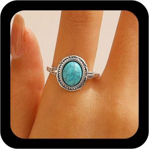 Kahfl-Bague Gothique Ethnique Turquoise Bague Turquoise Pierre Bleue Bague Ovale Réglable Bague Ouverte Turquoise Bague Doigt Bijoux Pour Femmes - Neuf