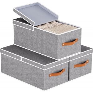 Tianyi-3 Pièces Panier Rangement Dressing, Boite En Tissu Pliable Avec Couvercle Amovible Et 2 Poignée, Casier Vetement Pour Organiser Des Étagères, Des Placards, 41x25x16.5cm, Gris - Neuf