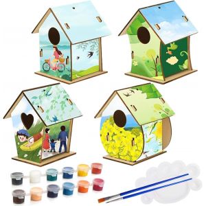 KALANKA-Lot de 4 nichoirs à oiseaux pour enfants - À peindre - Kit de bricolage - Maison à oiseaux pour enfants - Kit de bricolage - Cadeau pour enfants de 3, 4, 5, 6 ans et plus - Garçons et filles - Neuf
