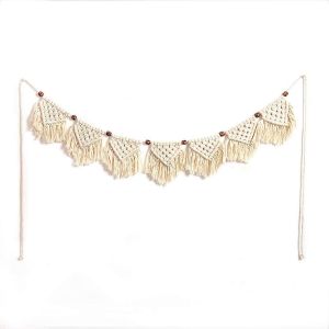 Nouveau,adapté fait à la main en macramé Tenture murale Tassel Tapisserie frange bannière Crochet tissé coton naturel perle de bois appartement dortoir décoration (7 drapeaux) - Neuf