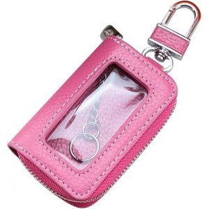 Porte-clés de voiture (rose rouge), porte-clés en cuir de vache, porte-clés portefeuille, motif litchi, fenêtre transparente, porte-clés portefeuille - Neuf