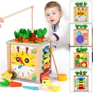 JGD-Cube d'Activité Bébé Jouet Bebe 1 an, 7 en 1 Cube Interactif Jeux Bebe Bois, Jouet d'Éveil Sensoriel Bois, Educatif Motricité Cube d'activité Jeux, jouet Montessori Cadeau Noel Enfant Garçon Fill - Neuf