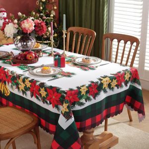 Sjzg-Nappe De No&euml;l Rectangulaire 150 X 220 Cm - Grande Nappe De No&euml;l En Polyester Lavable - Guirlande De Fleurs De No&euml;l Et Carreaux - Rouge - Neuf