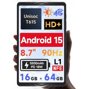 CHECARZHN--NO1-Nouveau Android 15 2025] Tablet De 8,7"", Unisoc T615 (8 C?urs), Hd Ips 800X1340, 90Hz Réflex, 350Nits, Widevine L1, Caméra De 5Mp, 4G Lte, Wifi 2,4G/5G, Bt5, 5500Mah, Pd18W, 16Gb+64Gb 1Tb Tf - Neuf