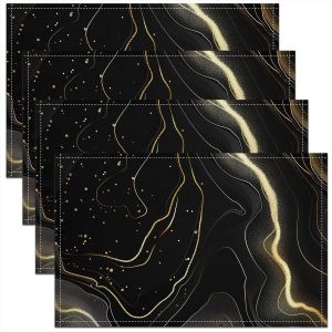 Eryi-Lot De 4 Sets De Table Imperméables Texture Marbrée - Paillettes - Aquarelle Ombré - Pour L'intérieur Et L'extérieur - Décoration De Fête - Lignes Géométriques - 45 X 30 Cm - Noir Et Doré - Neuf