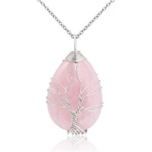 Kal-Bijoux Pendentif Collier Perles Pierre Naturelle Retro Diy Arbre De La Vie En Cuivre Argente Fil Forme Goutte D'eau Pierre Precieuse D'energie Avec Chaîne - Neuf