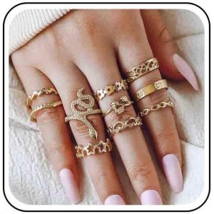 Kahfl-Ensemble D'anneaux D'articulation Empilables En Or Serpent Anneaux Empilables Réglables Anneaux En Forme D'étoile Et De Fleur Anneau D'articulation Ouvert Et Réglable Punk Joint De Doigt Bagues - Neuf