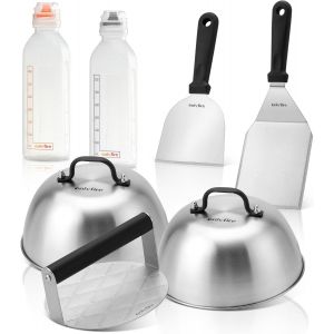 Ulteronixshop-Kit Smash Burger de 7 Pi&egrave;ces, Contient 2 Cloche &agrave; Hamburger, Presse &agrave; Hamburger, 2 Spatules et 2 Bouteille Sauce avec &Eacute;chelle, Set d'ustensiles de Barbecue pour Plancha et Barbecue &agrave; Ga - Neuf