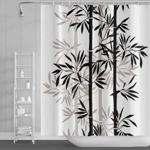 KALANKA-Rideau de douche motif feuilles de bambou noir et blanc abstrait - Rideau de bain classique &agrave; peinture &agrave; l'encre pour enfants - Tissu polyester imperm&eacute;able avec crochets - 122 x 183 cm - Neuf