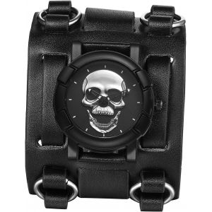 Eryi-Montre Homme Cuir Crâne: Montre Homme Bracelet Cuir Large Avec Cadran Tête De Mort Noir Gothique Punk Biker Montre Poignet De Force Analogique Quartz - Cadeau Halloween - Neuf