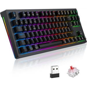 Clavier Gamer Mécanique Sans Fil 80% Tkl Azerty, Clavier Gaming Bluetooth/2.4ghz/Usb-C Programmable Avec Interrupteur Rouge, Clavier Mecanique De Jeu Rgb Pour Pc/Ps5/Win/Mac/Android/Ios, Noir - Neuf