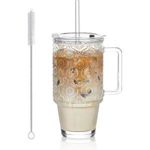 Gobelet En Verre De 710 Ml Avec Paille Et Couvercle, Tasses À Café Glacé Avec Couvercles, Tasse À Smoothie Avec Poignée, Verre À Motif Bégonia Pour Boissons Froides, Gobelet Réutilisable Pour - Neuf