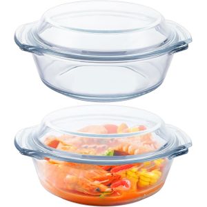 Jexnovashop-Lot De 2 Petites Cocottes Rondes En Verre De 0,7 L Avec Couvercle, 16 Cm, Plat De Cuisson Individuel En Verre R&eacute;sistant Au Four Pour Aliments, P&acirc;tisserie, Service - Neuf