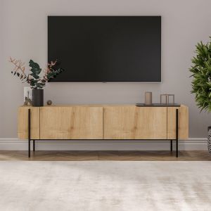 Meuble TV avec placards bois et d&eacute;tails noirs 160cm FRENA - Neuf