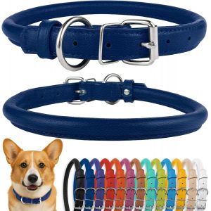 Eryi-Collier De Chien En Cuir Roulé, Collier De Chiot Rond Rembourré Doux, Collier En Cuir Véritable Fait À La Main Pour Petit Grand Collier De Chat (35-40 Cm, Texturé Bleu Foncé) - Neuf
