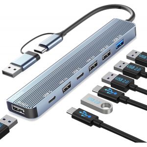 JGD-Adaptateur USB C, Adaptateur Multiport USB 3.0 7 en 1 avec US-B 3.0, U-SB 2.0, Répartiteur U-S-B, Hub U-SB de Type C Compatible ave MacBook Air/Pro, Galaxy, Pad, Dell, XPS, Windows - Neuf