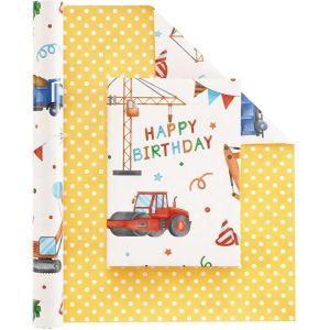 Papier Cadeau Construction - 1 Rouleau Papier D'emballage Tracteur Pelleteuse Jaune Gar&ccedil;ons Enfants Papier D'emballage R&eacute;versible &Agrave; Pois Pour Cadeau D'anniversaire D&eacute;coration 43cmx10m - Neuf