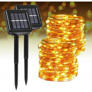KAL-Lot De 2 Guirlande Lumineuse Exterieure Solaire, Totale 44M 400 Led Guirlande Solaire Extérieur Ip65 Étanche 8 Modes, Fil Cuivre Lumière Pour Décoration Noël Jardin Terrasse Fête Camping - Neuf