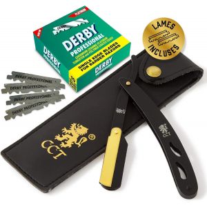 Rasoir Droit De Barbier Coupe Choux Manuel Avec 10 Lames De Derby Kit Avec &Eacute;tui De Voyage En Cuir Accessoire Pour Homme, Cadeau Pour L`Hygi&egrave;ne - Neuf