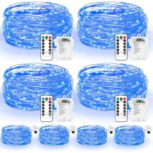 KAL-Lot De 4 Guirlandes Lumineuses Led De 10 M + 4 Piles De 3 M, 8 Modes, Télécommande Avec Minuteur, Guirlande Lumineuse Étanche Ip65, Pour Décoration Intérieure Et Extérieure, Bleu - Neuf