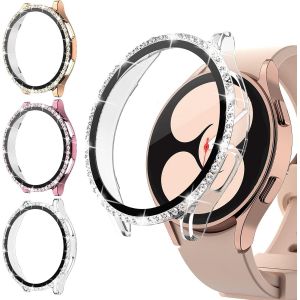CAUC-Lot de 3 coques de protection &agrave; paillettes compatibles avec montre connect&eacute;e Samsung Watch 4/5 44 mm avec strass, protection en polycarbonate rigide et film de protection d'&eacute;cran tremp&eacute; HD, - Neuf