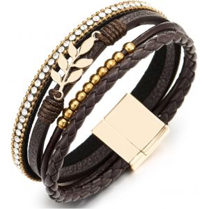 Eryi-Femme Boho Cuir Envelopper Bracelet Avec Couleur Or Feuille Charmes, Perle Et Strass, Multicouche - Neuf