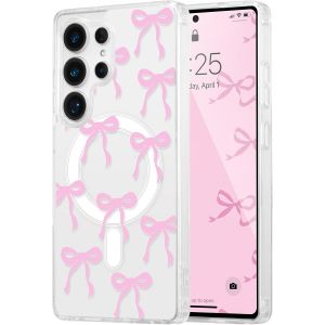 TRAHOO-Coque Magn&eacute;tique pour Samsung Galaxy S21 Ultra 5G Transparent &Eacute;tui avec Recharge sans Fil, Housse de T&eacute;l&eacute;phone en Motif de Noeud Arc Papillon Antichoc Bumper Cover pour Filles Femme, Rose - Neuf
