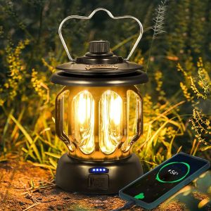 Lampe De Camping Led Noire Rechargeable Par Usb, Style Vintage, Lumière Blanche Chaude À Intensité Variable, Batterie Externe 5 200 Mah, Pour Camping, Pêche, Randonnée, Grotte, Etc. - Neuf