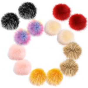 TIANYI-Pompon Fausse Fourrure pour Bonnet 10cm Pelucheux Faux Renard de Pompon Fourrure avec Cordon Élastique 14 Pièces Fausse Fourrure Boule pour Clé Pendentif Porte-clés à Tricoter Chapeau Sac - Neuf