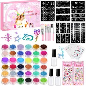 Kit Tatouage Paillettes, 36 Couleurs Tatouage Flash Temporaire Pour Les Filles,203 Pochoirs,5 Pinceaux,4 Colles,Cadeau De F&ecirc;te Pour Les Gar&ccedil;ons Et Les Filles Ddultes - Neuf