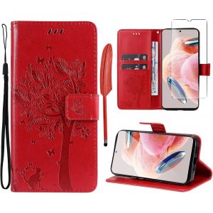 KAL--Coque Pour Xiaomi Redmi Note 12 4G [1X Verre Tremp&eacute;] &Eacute;tuis &Agrave; Rabat Folio Protection Housse Cuir Pu Portefeuille Silicone [Fermeture Magn&eacute;tique] [Emplacements Cartes] [Stand Feature]-Rouge - Neuf