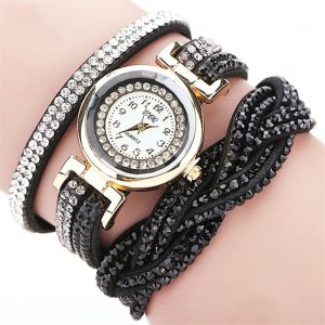 Montre-Bracelet A Quartz Multicouche Ccq Pour Femme, Bracelet Tendance Avec Strass (Noir) - Neuf