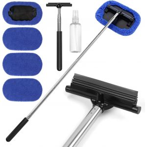 MEVRONISSHOP-Nettoyeur Vitre Professionnel Complet avec Raclette Vitre T&eacute;lescopique Inox (22-98.5cm) Brosse T&ecirc;te et Spray Vide pour Fen&ecirc;tres R&eacute;troviseurs Pare-Brise Nettoyage D&eacute;moussage 4 Microfibre - Neuf