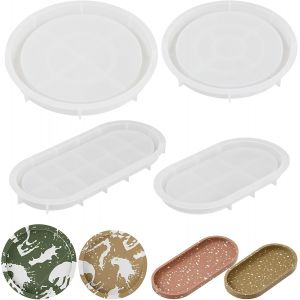 4 Pi&egrave;ces Moule Pour Plateau En R&eacute;sine, Moule En Silicone Pour Resine, Moule Pour Resine Epoxy Plateau Rond, Moule Silicone Plateau Ovale, Grand Moule En Silicone Resine Epoxy Pour Diy Plateau - Neuf