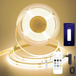 Ruban Led Cob 5m,Blanc Chaud 3000k,24v Bandeau Led,Avec Adaptateur,Smart App Et Télécommande,320led/M,Cri>90,8mm De Large,Convient Ruban Led Pour Chambre Cuisine Armoire - Neuf
