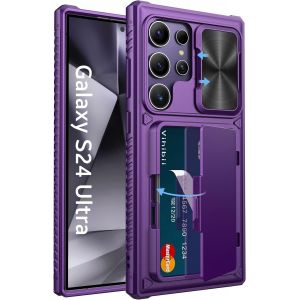 CAUC-pour Samsung Galaxy S24 Ultra Coque avec Porte-Carte & Cache Cam&eacute;ra & Support, Protection Militaire Antichoc &Eacute;tui Antid&eacute;rapante Anti-Rayures Case pour Samsung S24 Ultra 6,8'', Violet Fonc&eacute; - Neuf