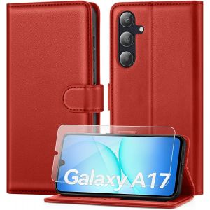 CAUC-Coque pour Samsung Galaxy A17 avec Verre Tremp&eacute;, &eacute;tui Cuir PU Magn&eacute;tique [ Pochette de Portefeuille ], Housse de Fonction Stand Video Porte Carte Credit &agrave; Rabat pour Samsung A17 -Rouge - Neuf