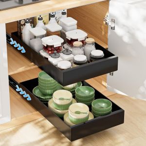 Chenquansarl-Tiroir Télescopique Pour Armoires De Cuisine, Lot De 2 Tiroirs Extensibles Sans Perçage, Étagère De Rangement 43 X 25 X 7 Cm, Installation Facile, Aucun Clouage Requis, Noir - Neuf