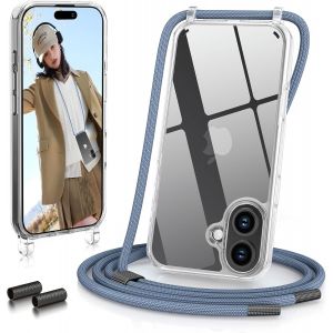 Coque Iphone 16 Plus 6,7'' Transparente Avec Cordon Bleu - Protection Antichoc (Coins Airbag), Protège Caméra Et Écran, Ultra-Fine - Neuf