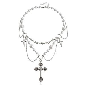 Collier Croix Gothique En Perles Pour Femme - Neuf