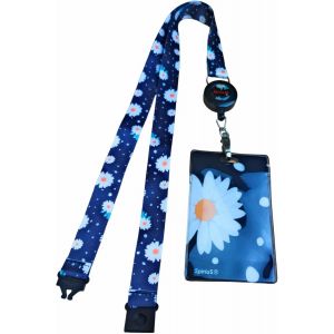 Cordon Tour De Cou R&eacute;tractable Avec Fermeture &Eacute;clair Unique Et &Eacute;tanche Pour Badge, Laissez-Passer, Carte D'identit&eacute; (Marguerites En Noir) - Neuf