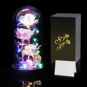 Rose Cadeau de No&euml;l pour Femme Maman M&egrave;re Grand-m&egrave;re, Fleurs Eternelle sous Cloche, Artificielle Galaxy Rose avec Lumi&egrave;res LED, Idee Fleur Artificielle Cadeau pour Anniversaire, la Saint-Valentin - Neuf