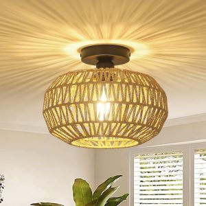 Subzonal-Rotin Plafonnier Salon, Plafonnier Vintage Boho Avec Abat-Jour En Rotin, Semi-Flush Mount Plafonnier Bambou, Lampe Suspendue Rustique Pour Chambre Cuisine Couloir Table &Agrave; Manger, E27, Noir - Neuf
